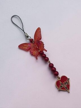 Red Butterfly and Heart Charm Phone Strap